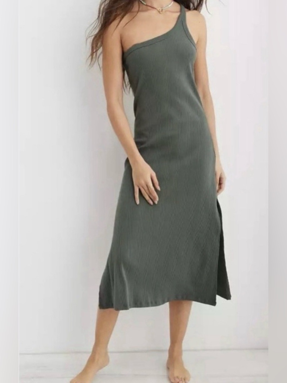 Aerie green one shoulder midi dress, medium